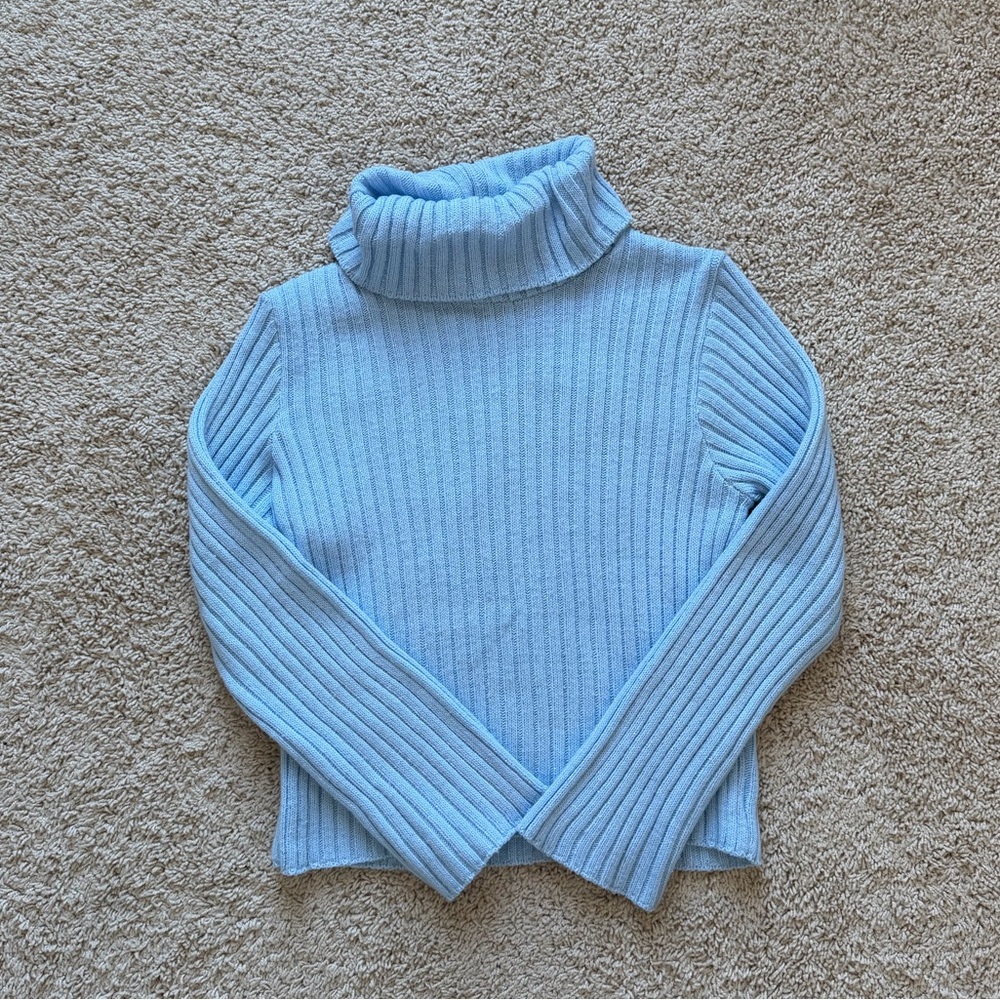 Vintage Women's Baby Blue Glitter Turtleneck Sweater - Size Medium